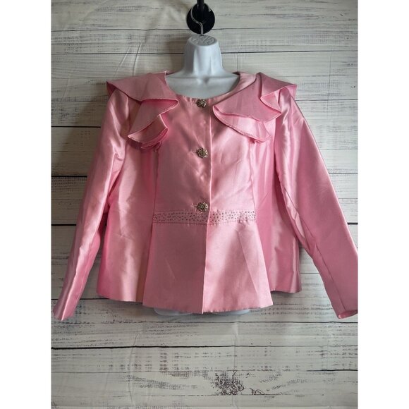 Satin Jacket 22W Pink Barbie Evening Fancy Ruffle Collar Crystal Sequins Closure - Picture 1 of 15